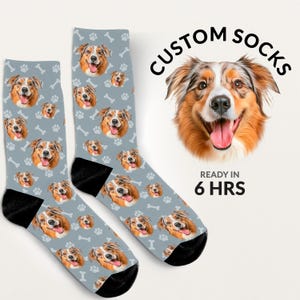 May include: A pair of grey crew socks featuring a repeating pattern of Australian Shepherd dog faces, white paw prints, and white bone shapes. The text CUSTOM SOCKS and READY IN 6 HRS is printed next to a large illustration of a dog face.