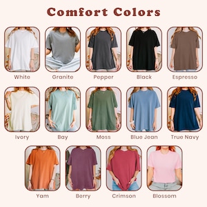 The image is a collage of 12 different t-shirt designs, each with a unique color and style, arranged in a grid format.