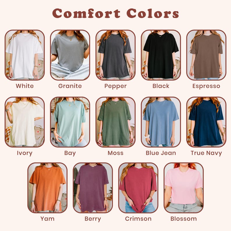 The image is a collage of 12 different t-shirt designs, each with a unique color and style, arranged in a grid format.