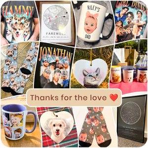 The image is a collage of various items, including mugs, socks, and other objects, featuring personalized designs and images of people and animals.