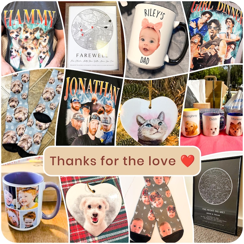 The image is a collage of various items, including mugs, socks, and other objects, featuring personalized designs and images of people and animals.