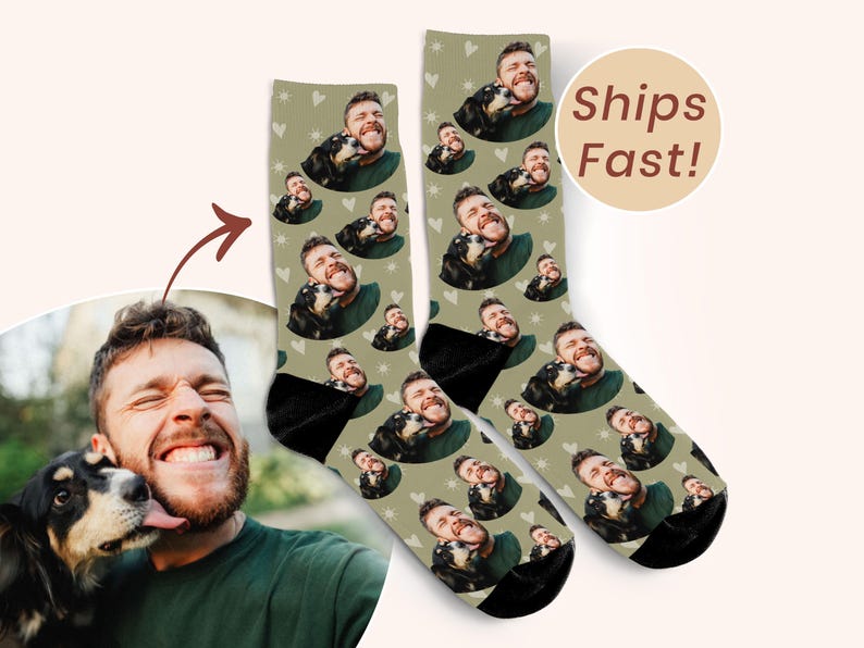 Green socks with people’s faces on them