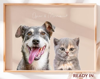 Custom Pet Portrait, Pet Portrait From Photo, Colorful Pet Art, Custom Dog Portrait, Cat Portrait, Pet Lover Gift, Double Pet, Two-Pet