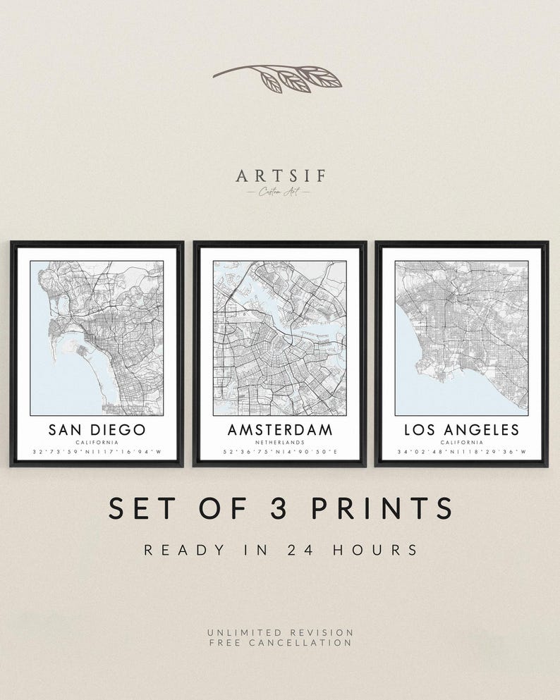 Set of 3 Custom Map Prints, Any Location, Map Print, Custom City Map, Map Poster, Personalized City, Custom Map Gift, Art image 1