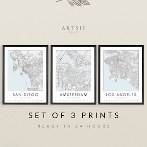 Set of 3 Custom Map Prints, Any Location, Map Print, Custom City Map, Map Poster, Personalized City, Custom Map Gift, Custom Art, Light B