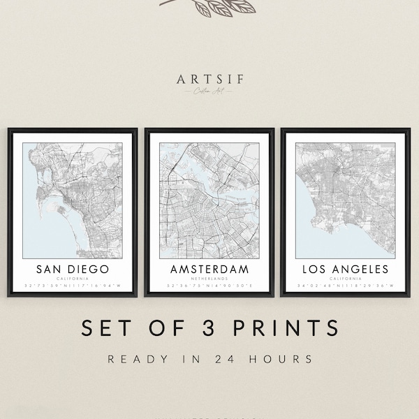Set of 3 Custom Map Prints, Any Location, Map Print, City Location Print, Map Poster, Personalized City, Custom Map Gift, CustomArt, Light B