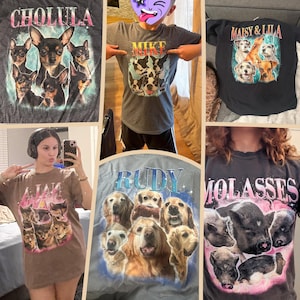 May include: A collection of custom t-shirts featuring various animal portraits including dogs, cats, and pigs. Each shirt displays a name in bold lettering above a collage of pet photos set against a vibrant, lightning-themed background with pink and blue hues.