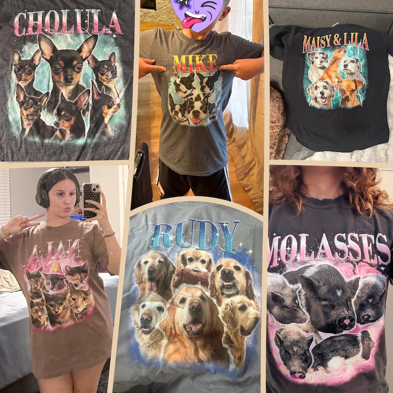 May include: A collection of custom t-shirts featuring various animal portraits including dogs, cats, and pigs. Each shirt displays a name in bold lettering above a collage of pet photos set against a vibrant, lightning-themed background with pink and blue hues.