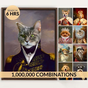 May include: A digital portrait of a gray tabby cat dressed in a dark blue military uniform with gold embroidery and epaulets. The image includes a circular badge stating READY IN 6 HRS and text at the bottom reading 1,000,000 COMBINATIONS.