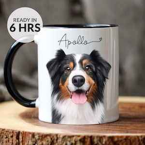 May include: White ceramic mug with a black handle and rim, featuring a detailed portrait of a dog with black, brown, and white fur. The name "Apollo" is written above the dog's image, with a heart symbol. Text on the top left says "READY IN 6 HRS".