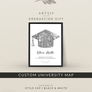 Custom Map Any University, Custom College Map, School, Campus, Graduation Gift Ideas, Phd, Master, Dorm Decor, Style Cap Black & White