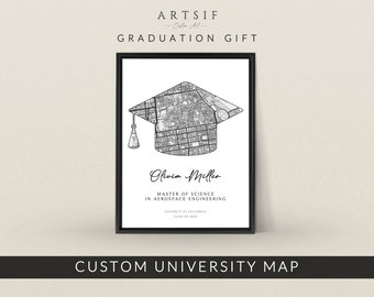 Custom Map Any University, Custom College Map, School, Campus, Graduation Gift Ideas, Phd, Master, Dorm Decor, Style Cap Black & White