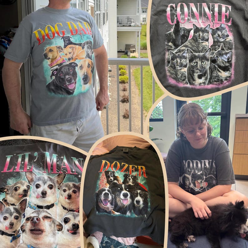 May include: A collection of gray and black t-shirts featuring graphic prints of various dog and cat breeds. The shirts display names like DOG DAD, CONNIE, LIL' MAN, and DOZER in bold, colorful lettering above photographic portraits of pets.