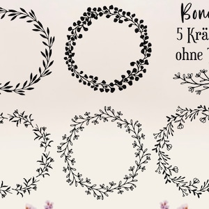 May include: Five black and white floral wreaths with a simple, minimalist design. The wreaths are perfect for adding a touch of elegance to any project.