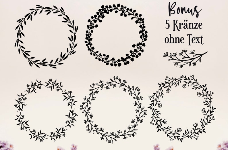 May include: Five black and white floral wreaths with a simple, minimalist design. The wreaths are perfect for adding a touch of elegance to any project.