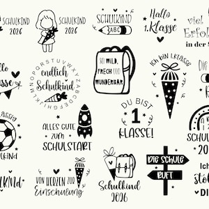 May include: A collection of black and white school-themed graphics. Includes illustrations of children, school supplies, and text such as "Schulkind 2026", "Hallo 1. Klasse", and "Alles Gute zum Schulstart".