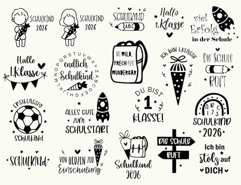 May include: A collection of black and white school-themed graphics. Includes illustrations of children, school supplies, and text such as "Schulkind 2026", "Hallo 1. Klasse", and "Alles Gute zum Schulstart".