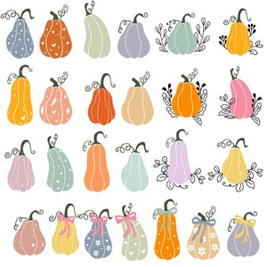 Op de afbeelding: Een verzameling van 28 handgetekende illustraties van pompoenen in verschillende kleuren en patronen. De pompoenen zijn in rijen gerangschikt en alle naar voren gericht. Sommige pompoenen hebben bladeren of ranken.