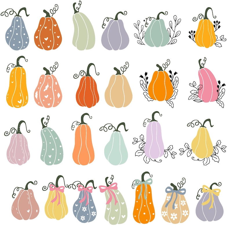 Op de afbeelding: Een verzameling van 28 handgetekende illustraties van pompoenen in verschillende kleuren en patronen. De pompoenen zijn in rijen gerangschikt en alle naar voren gericht. Sommige pompoenen hebben bladeren of ranken.