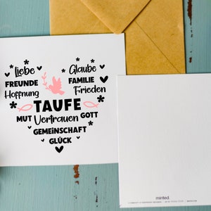 May include: A white card with black text and a pink dove graphic. The text reads "* Liebe * Freunde Hoffnung * TAUFE * MUT Vertrauen GOTT GEMEINSCHAFT * GL&Uuml;CK * * Glaube * FAMILIE Frieden *"