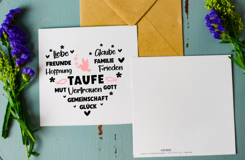 May include: A white card with black text and a pink dove graphic. The text reads "* Liebe * Freunde Hoffnung * TAUFE * MUT Vertrauen GOTT GEMEINSCHAFT * GL&Uuml;CK * * Glaube * FAMILIE Frieden *"