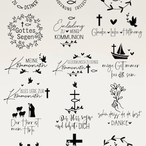 以下が含まれることがあります： 十字架、鳩、魚など、宗教的なテーマの14の白黒イラストの集まり。イラストには、ドイツ語で「Communion」、「Gottes Segen」、「Glaube Liebe Hoffnung」、「Der Herr ist mein Hirte」などのテキストが含まれています。
