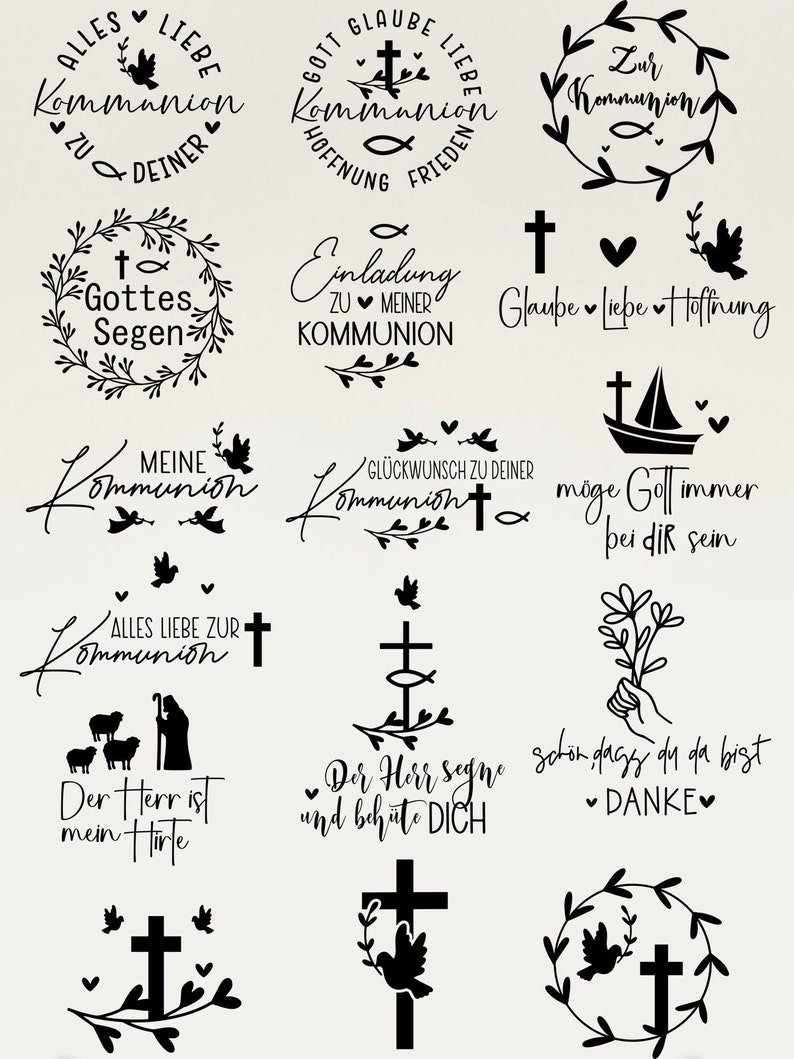 Peut inclure: Une collection de 14 illustrations en noir et blanc sur des th&egrave;mes religieux, comprenant des croix, des colombes et des poissons. Les illustrations comportent du texte en allemand, notamment "Communion", "Gottes Segen", "Glaube Liebe Hoffnung" et "Der Herr ist mein Hirte".