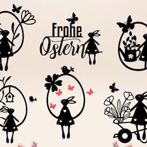 Pu&ograve; includere: Sei disegni in silhouette in bianco e nero con coniglietti, farfalle, fiori e uccelli. I disegni sono a forma di cerchio e includono il testo "Frohe Ostern", che si traduce in "Buona Pasqua" in italiano.