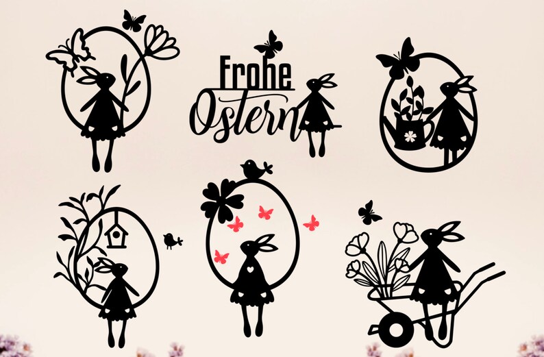Pu&ograve; includere: Sei disegni in silhouette in bianco e nero con coniglietti, farfalle, fiori e uccelli. I disegni sono a forma di cerchio e includono il testo "Frohe Ostern", che si traduce in "Buona Pasqua" in italiano.