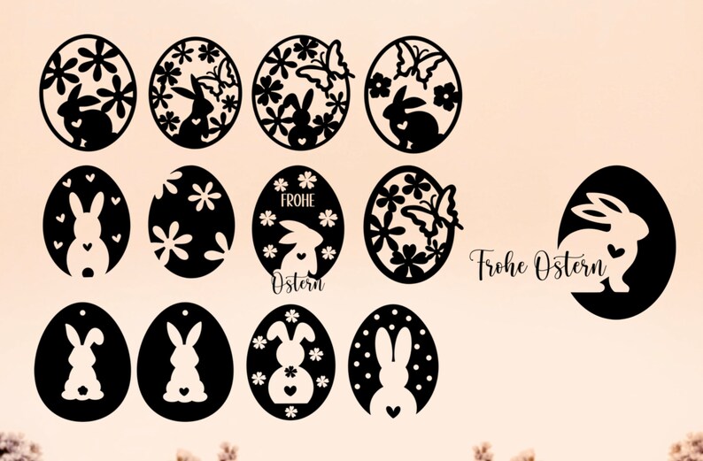 May include: A set of 13 black and white Easter egg designs featuring bunnies, flowers, butterflies, and the text "Frohe Ostern" (Happy Easter).