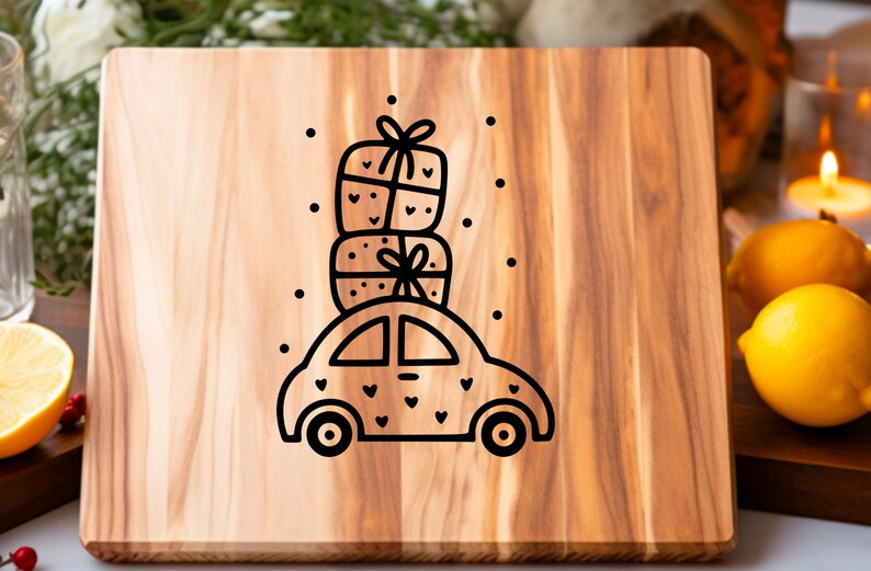 May include: A wooden cutting board with a black and white illustration of a car with a stack of presents on top. The car is decorated with small hearts.