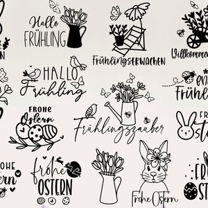 May include: Black and white illustrations of various spring and Easter-themed designs. The designs include bunnies, flowers, birds, eggs, and text in German that says "Hallo Frühling", "Frohe Ostern", "Frühlingserwachen", "Frühlingszauber", "endlich Frühling", and "Willkommen Frühling".