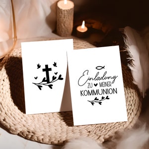 Peut inclure: Deux cartes blanches avec du texte et des graphiques noirs. La premi&egrave;re carte repr&eacute;sente une croix avec un motif floral et la deuxi&egrave;me carte dit "Einladung zu meiner Kommunion" avec un symbole de poisson et un motif floral.