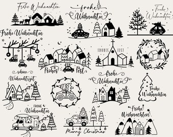 May include: A set of 10 black and white illustrations featuring Christmas scenes. The illustrations include a church, a house, a car, a tree, and a wreath. The text "Frohe Weihnachten" is included in several of the illustrations.