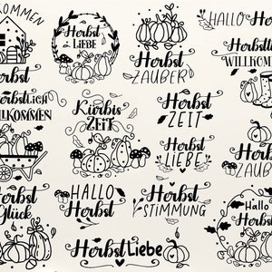 May include: Black and white illustrations of various autumn-themed designs. The designs include pumpkins, leaves, mushrooms, and text in German. The text includes phrases like "Herbst Liebe", "Herbst Zeit", and "Hallo Herbst".