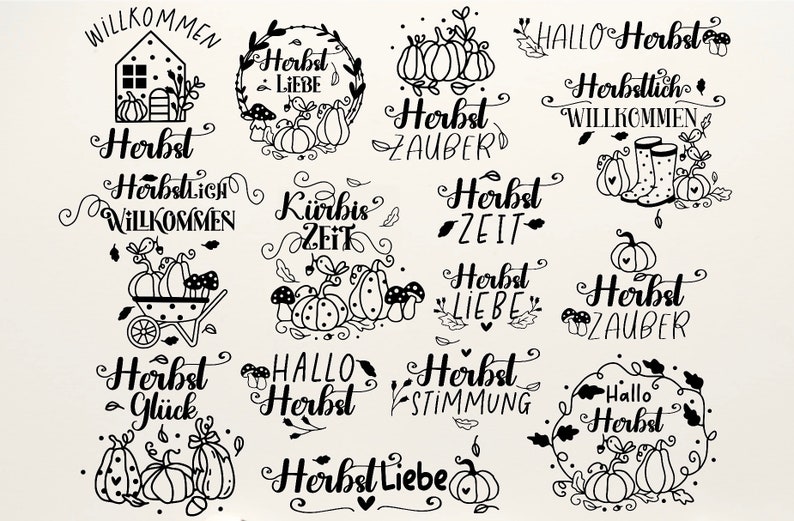 May include: Black and white illustrations of various autumn-themed designs. The designs include pumpkins, leaves, mushrooms, and text in German. The text includes phrases like "Herbst Liebe", "Herbst Zeit", and "Hallo Herbst".