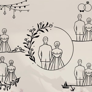 May include: Black and white line art illustrations of a couple getting married. The illustrations include a couple standing back to back, a couple standing back to back with a floral wreath around them, a couple standing back to back with a lighthouse in the background, and a couple standing back to back with a boat in the background.