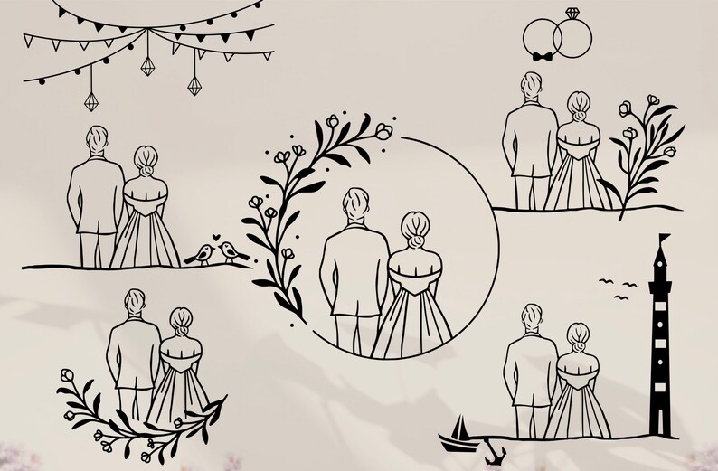 May include: Black and white line art illustrations of a couple getting married. The illustrations include a couple standing back to back, a couple standing back to back with a floral wreath around them, a couple standing back to back with a lighthouse in the background, and a couple standing back to back with a boat in the background.