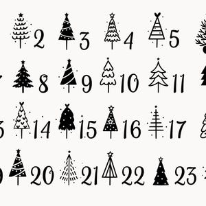 Puede incluir: Ilustración en blanco y negro de 24 diseños diferentes de árboles de Navidad. Cada árbol está numerado del 1 al 24.