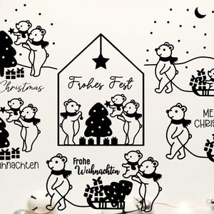 Op de afbeelding: Zwart-witte illustraties van ijsberen die een kerstboom versieren, sleeën en cadeaus vasthouden. De illustraties bevatten de tekst "Merry Christmas", "Frohes Fest", "Frohe Weihnachten" en "Merry Christmas".