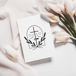 Pu&ograve; includere: Un'illustrazione in bianco e nero di una croce con due colombe che volano sopra di essa, circondata da rami di ulivo. La croce &egrave; all'interno di un arco arrotondato. L'immagine &egrave; su una carta bianca.