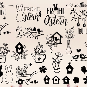 May include: Black and white illustrations of Easter and spring-themed images, including bunnies, birds, flowers, birdhouses, and wheelbarrows. The text "Hallo Frühling", "Frohe Ostern", "Willkommen", and "Frühling" is included in the image.