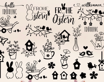 Plotter File Spring SVG, Frohe Ostern Plotter File SVG, Plotterdatei Osterhase SVG, Frühling Blumen Heart Cricut Brother Canvas Silhouette