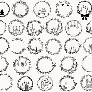 Puede incluir: Ilustraciones de coronas navideñas en blanco y negro. Cada corona presenta un diseño circular con elementos festivos, como velas, adornos y un Papá Noel. Las coronas están dispuestas sobre un fondo claro.