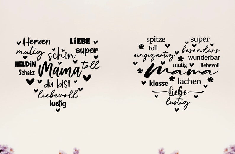 Może przedstawiać: Dwa czarno-białe projekty do wydrukowania na Dzień Matki. Pierwszy projekt m&oacute;wi "LIEBE Mama" ze słowami takimi jak "mutig", "sch&ouml;n", "super", "toll", "du bist", "liebevoll" i "lustig" otaczającymi słowa "LIEBE Mama". Drugi projekt m&oacute;wi "Mama" ze słowami takimi jak "spitze", "toll", "einzigartig", "super", "besonders", "wunderbar", "mutig", "liebevoll", "klasse", "lachen", "Liebe" i "lustig" otaczającymi słowo "Mama".