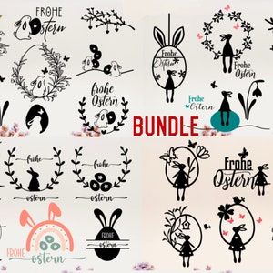 May include: A digital download of 15 black and white Easter bunny and egg illustrations with the text "Frohe Ostern" which means "Happy Easter" in German. The illustrations feature bunnies, eggs, flowers, and wreaths.