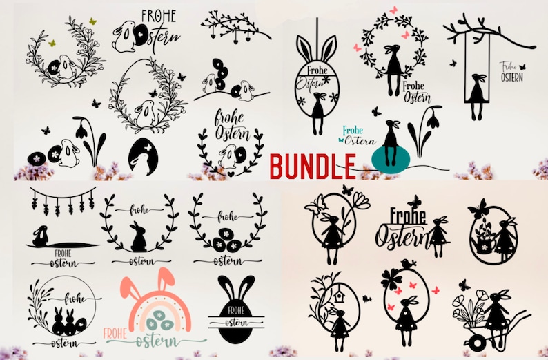 Pu&ograve; includere: Un download digitale di 15 illustrazioni in bianco e nero di coniglietti e uova di Pasqua con il testo "Frohe Ostern", che significa "Buona Pasqua" in tedesco. Le illustrazioni presentano coniglietti, uova, fiori e ghirlande.