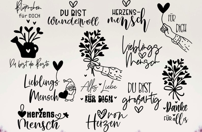 May include: A collection of black and white rubber stamps with various romantic messages in German. The stamps feature hearts, flowers, and other decorative elements. The text on the stamps includes "Du bist wundervoll", "Lieblings Mensch", "Herzens-Mensch", "Alles Liebe f&uuml;r dich", "Du bist gro&szlig;artig", and "Danke f&uuml;r alles".