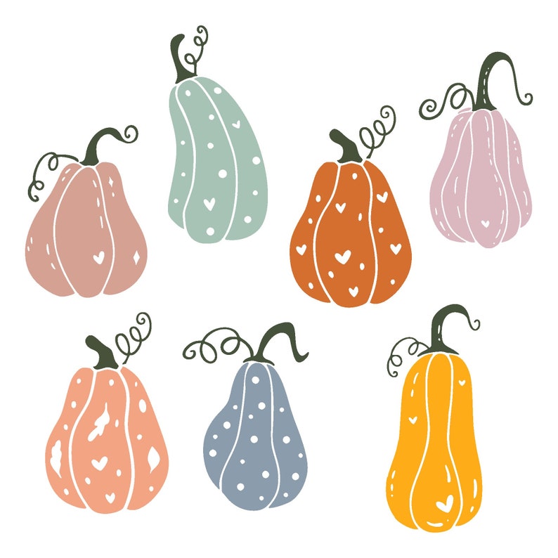 Op de afbeelding: Set van zeven handgetekend pompoenen in verschillende kleuren, waaronder oranje, roze, blauw en geel. Elke pompoen heeft een uniek patroon van witte hartjes of stippen.