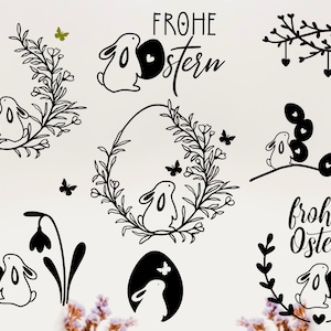 Może przedstawiać: Czarno-białe ilustracje królików i jajek wielkanocnych z tekstem "Frohe Ostern" i "frohe Ostern" w języku niemieckim. Ilustracje przedstawiają królika trzymającego jajko, królika w wianku, królika z kwiatem i królika z sercem.